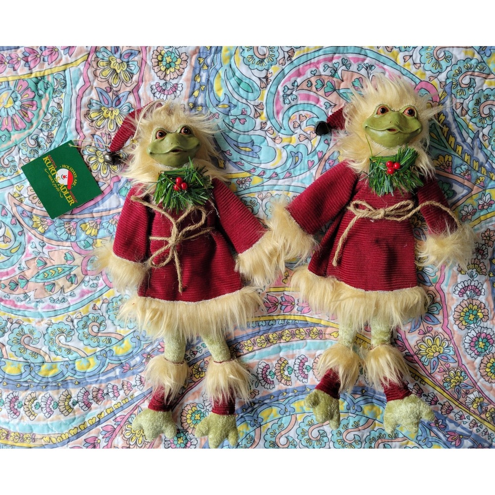 Vtg Kurt Adler Santa's World Two Santa Frog Bendable Legs Kitch Anthropomorphic